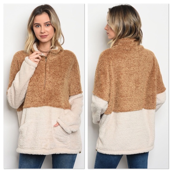 LAST ONE Camel & Ivory Faux Sherpa Fleece Pullover - Picture 4 of 8